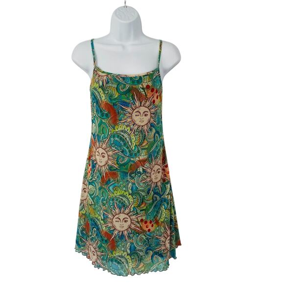Retro Mini Slip Dress Women Large 90s Green Sun Face‎ Paisley Boho Lettuce Trim - Picture 2 of 15